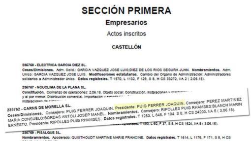 Imagen del BORME que revela que Puig presidió Carns de Morella hasta el pasado mes de junio, cuando ya se habían celebrado las elecciones