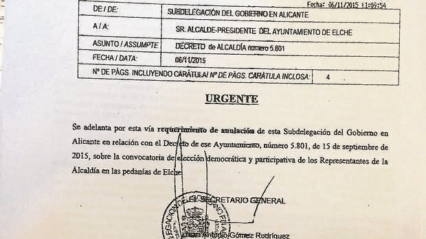 Documento de la Subdelegación de Gobierno remitido al Ayuntamiento de Elche