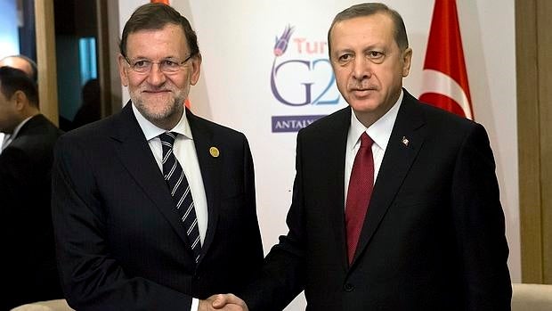 Rajoy y el presidente turco, Recep Tayyip Erdogan, este lunes en el G-20