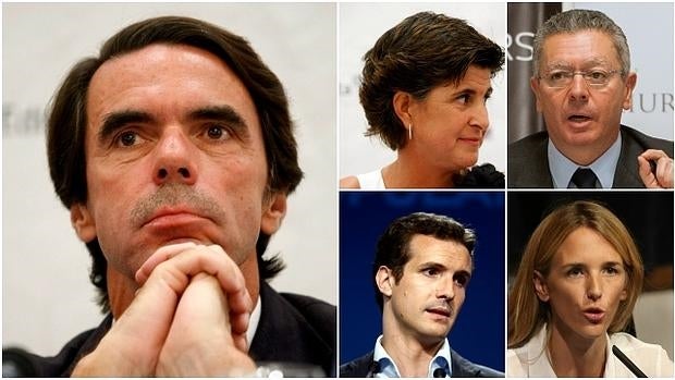 Aznar, junto a los nuevos patronos de FAES: de izq. a dcha. y de arriba abajo, María San Gil, Alberto Ruiz-Gallardón, Pablo Casado y Cayetana Álvarez de Toledo