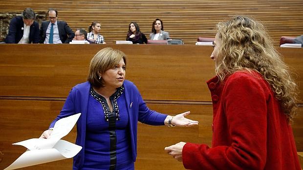 La portavoz del PP en las Cortes, Isabel Boning, y la de Ciudadanos, Carolina Punset, cuyo grupo ha votado por el candidato de Podemos