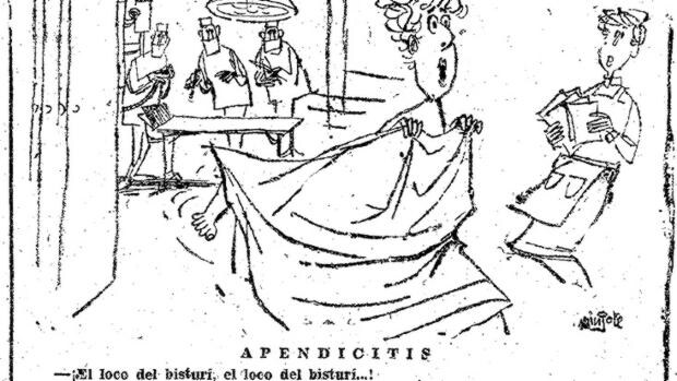 Viñeta de Mingote en abril de 1959 en la que ironiza sobre el «loco del bisturí»