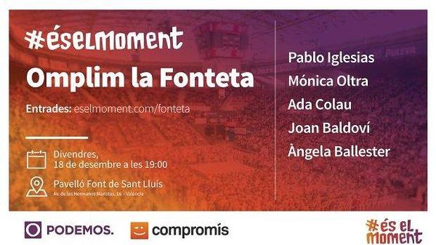 Imagen del cartel del mitin de Compromís-Podemos en Valencia