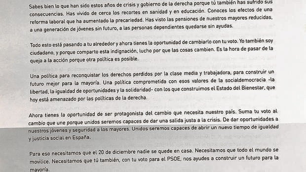 Imagen de la carta remitida por PSOE