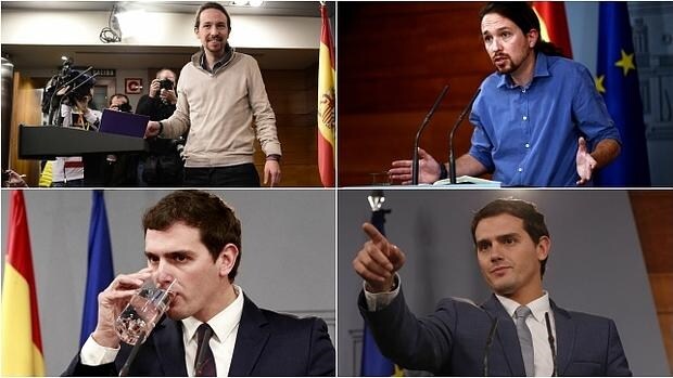 Pablo Iglesias, en sus encuentros con Rajoy de 28 de diciembre (izq.) y 30 de octubre; abajo, Rivera en La Moncloa en las mismas fechas