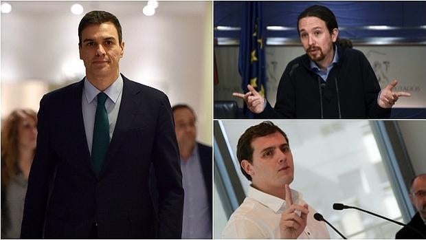 Pedro Sánchez (izq.), Pablo Iglesias (arriba) y Albert Rivera (abajo)