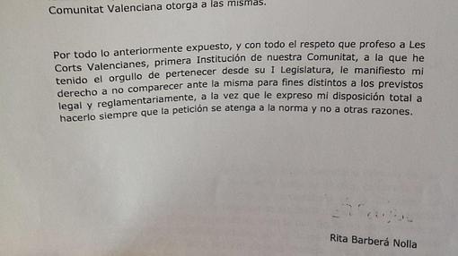 Escrito remitido por Rita Barberá a Las Cortes