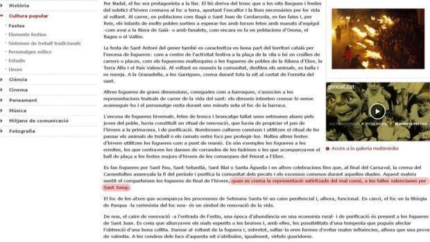 Imagen de la web de la Generalitat de Cataluña en la que se hace alusión a las Fallas de Valencia