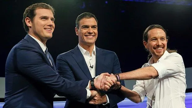Albert Rivera, Pedro Sánchez y Pablo Iglesias en uno de los debates de la pasada campaña electoral
