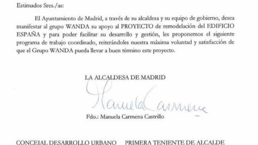 Encabezado del escrito firmado por la alcaldesa de Madrid, Manuela Carmena