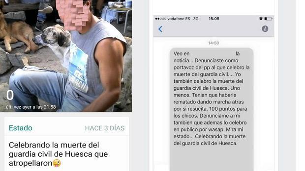 Imagen del detenido en su perfil en las redes sociales y comentarios alegrándose de la muerte del agente