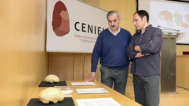 Los paleontólogos Emiliano Bruner y José María Bermúdez muestran los fósiles estudiados