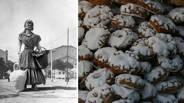 A la izquierda, una «falla» de las fiestas de Chamberí representado a la Tía Javiera en 1915; a la derecha, rosquillas del santo