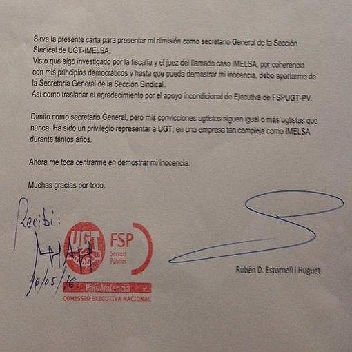 Imagen de la carta de dimisión difundida por Estornell en las redes sociales