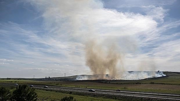 La columna de humo seguía siendo visible ayer, cuatro dias después de declararse el incendio en Toledo