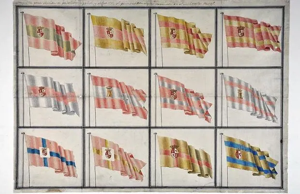 De los doce bocetos que se presentaron al concurso de la bandera nacional se escogió la primera (arriba a la izquierda)