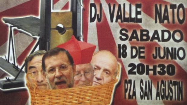 El polémico cartel, con las cabezas de Don Juan Carlos, el arzobispo Cañizares, Rajoy y Rosell junto a una guillotina