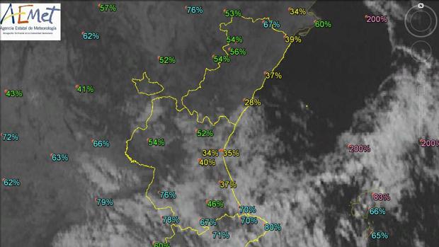 Mapa de la humedad relativa registrada este viernes en la Comunidad Valenciana