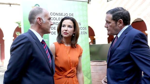 El Consejero de Sanidad, Sáez Aguado, con la nueva presidenta del Concyl y su predecesor