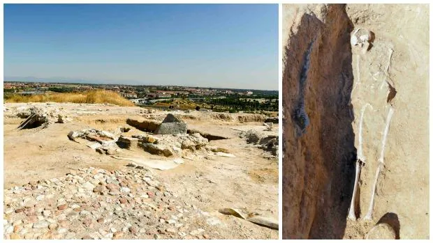 A la izquierda, los restos de la ermita en el Cerro de San Babilés; a la derecha, uno de los cuerpos encontrados en las tumbas