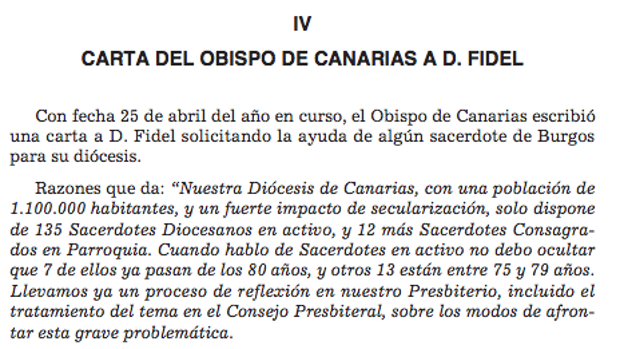 Texto del Arzobispado de Burgos con petición hecha desde Canarias y publicada en agosto en boletín interno