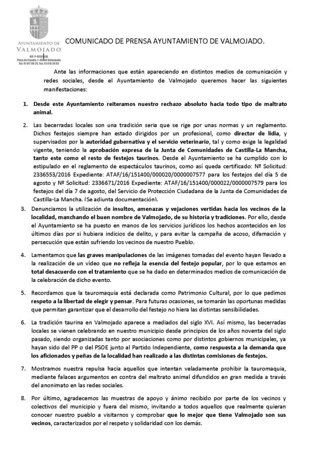 Comunicado del Ayuntamiento de Valmojado