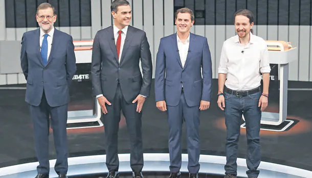 Rajoy, Sánchez, Rivera e Iglesias durante el último debate televisivo a cuatro