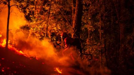 Dos brigadistas luchan contra las llamas durante el fuego de Entrimo