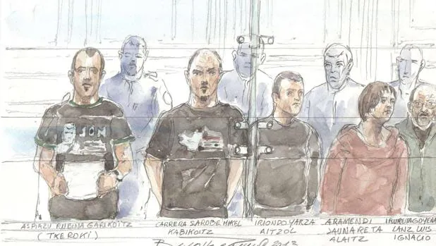 Dibujo del banquillo de los acusados de un juicio de 2013, en el que, entre otros, se sientan Mikel Carrera «Ata» o Garikoitz Azpiazu «Txeroki»