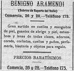 Reclamo publicitario del comercio de Benigno Aramendi en la prensa de la época