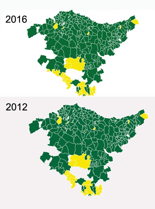 De verde, los municipios donde PNV y Bildu han sumado más del 50%, en amarillo, donde el resto de partidos ha suman mayoría frente a nacionalistas e independentistas. / LUIS CANO