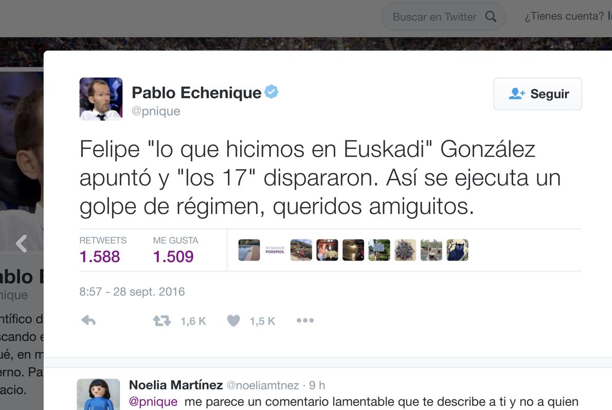 Comentario colgado por el número tres de Podemos en su cuenta de Twitter