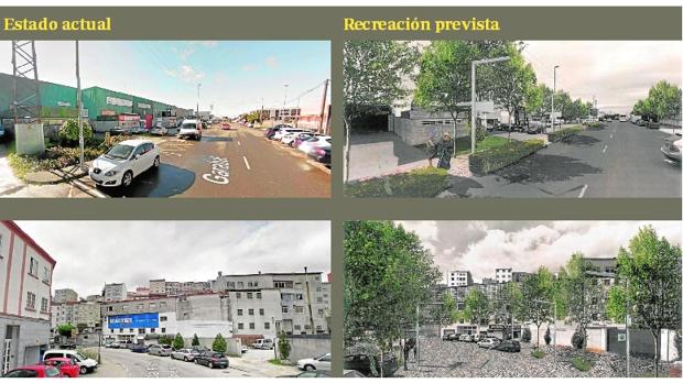 Arriba: El Camino Inglés atraviesa un polígono industrial con muchos obstáculos para entrar en Santiago. Abajo: En el Francés se sopesa construir un paso inferior y cómo mejorar el aspecto estético en algunas calles