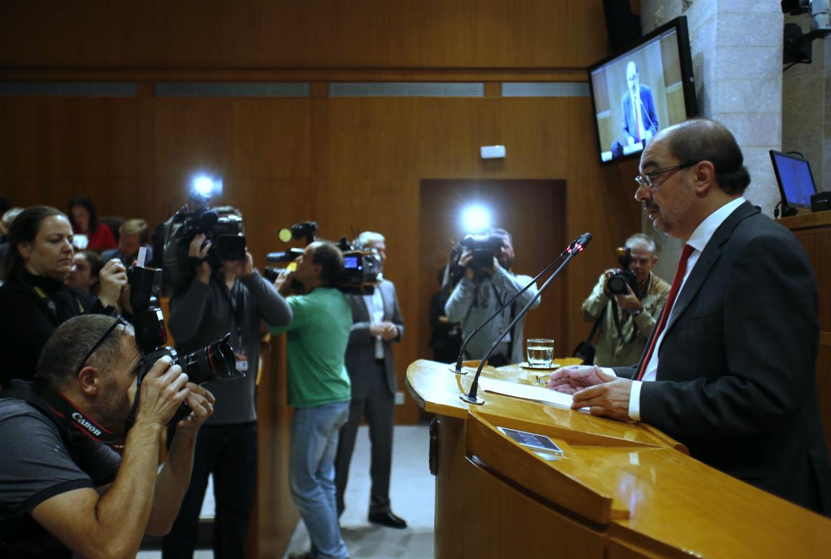 Javier Lambán, durante su discurso de este jueves ante las Cortes de Aragón