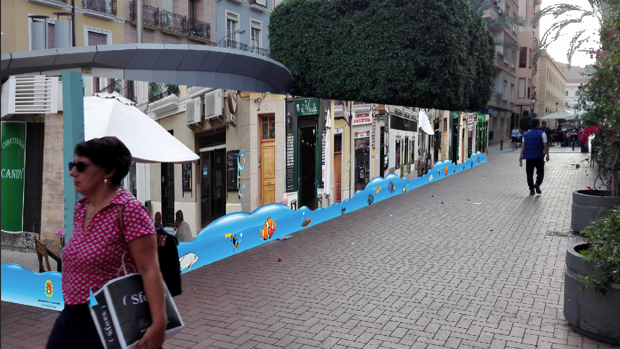 Colocan carteles con la imagen virtual de los comercios tapados por las obras en Alicante