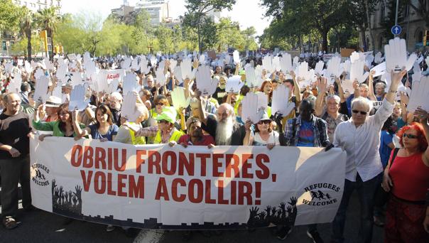 Manifestación en Barcelona en el Día Internacional del Refugiado