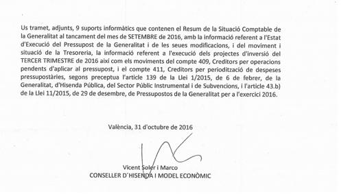 Primer escrito de la Conselleria de Hacienda, a 31 de octubre, con la información