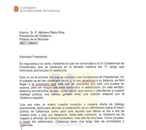 Carta de Puigdemont adelantada por la web «elnacional»