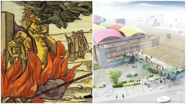 Pintura sobre la quema de brujas por la Inquisición; a la derecha, el boceto sobre la nueva plaza