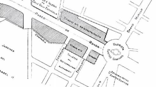 Plano de 1920 en el que la filial inmobiliaria de Metro detalla la construcción del bloque de viviendas «Titanic 2» sobre las cocheras de Cuatro Caminos