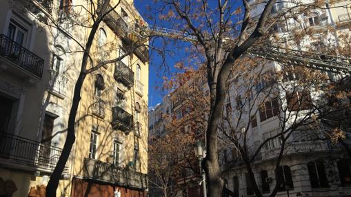 Imagen de los bomberos en una fachada en Valencia azotada por el viento