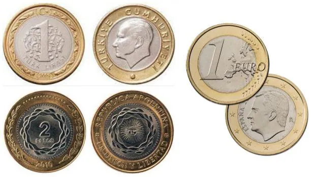 Arriba a la izquierda, imagen de una lira turca. Abajo a la izquierda, moneda de dos pesos argentinos
