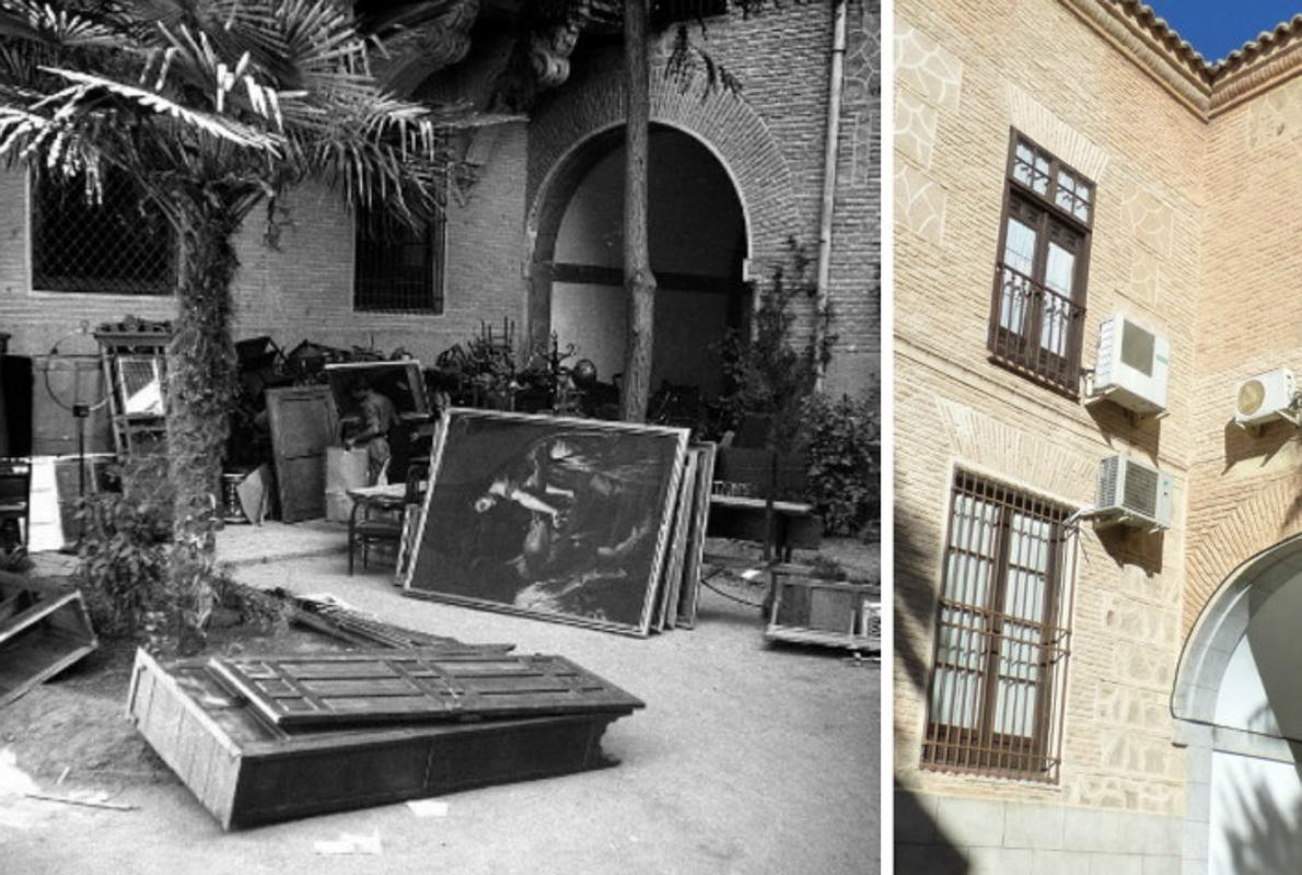 El patio de las Palmeras con varios objetos salvados. Foto Archivo Antonio Pareja. El mismo lugar en 2016. Foto Rafael del Cerro