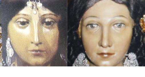 A la izquierda, imagen anterior de los ojos de la Virgen. A la derecha se aprecia el cambio de color tras la restauración de 2013. Imagen obtenida directamente del citado informe