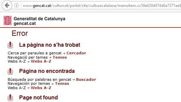 Mensaje de error en la página de la Generalitat de Cataluña