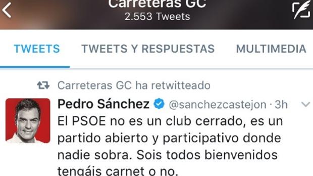 El perfil oficial de Carreteras (PSOE) del Cabildo de Gran Canaria retuitea mensajes de Pedro Sánchez