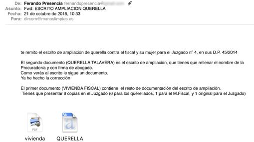 Mail en el que el juez remite una querella a Manos Limpias para que la presenten ellos