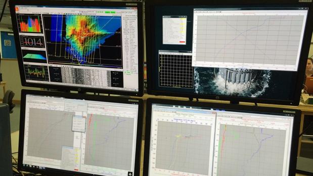 Análisis en pantallas de la cumbre del monte submarino Tropic en el buque RSS James Cook