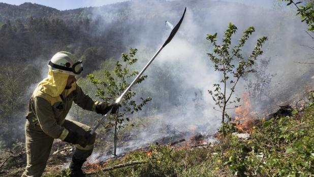 Un brigadista trabaja en la extinción del fuego de O Incio