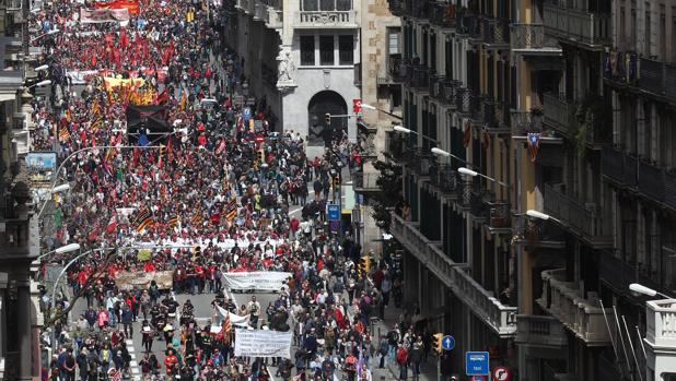 Una imagen de la manifestación de este mediodía en Barcelona